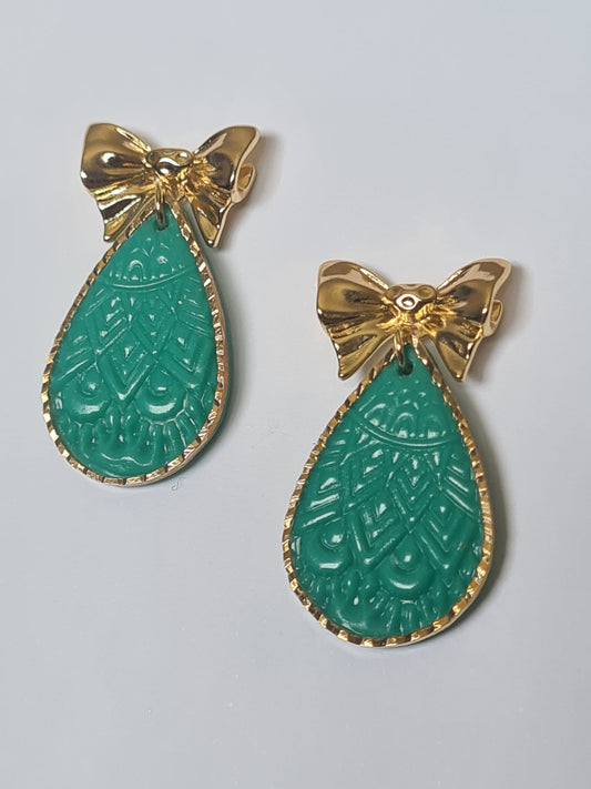 Pendientes Lazo Dorado con Gota Turquesa Tallada